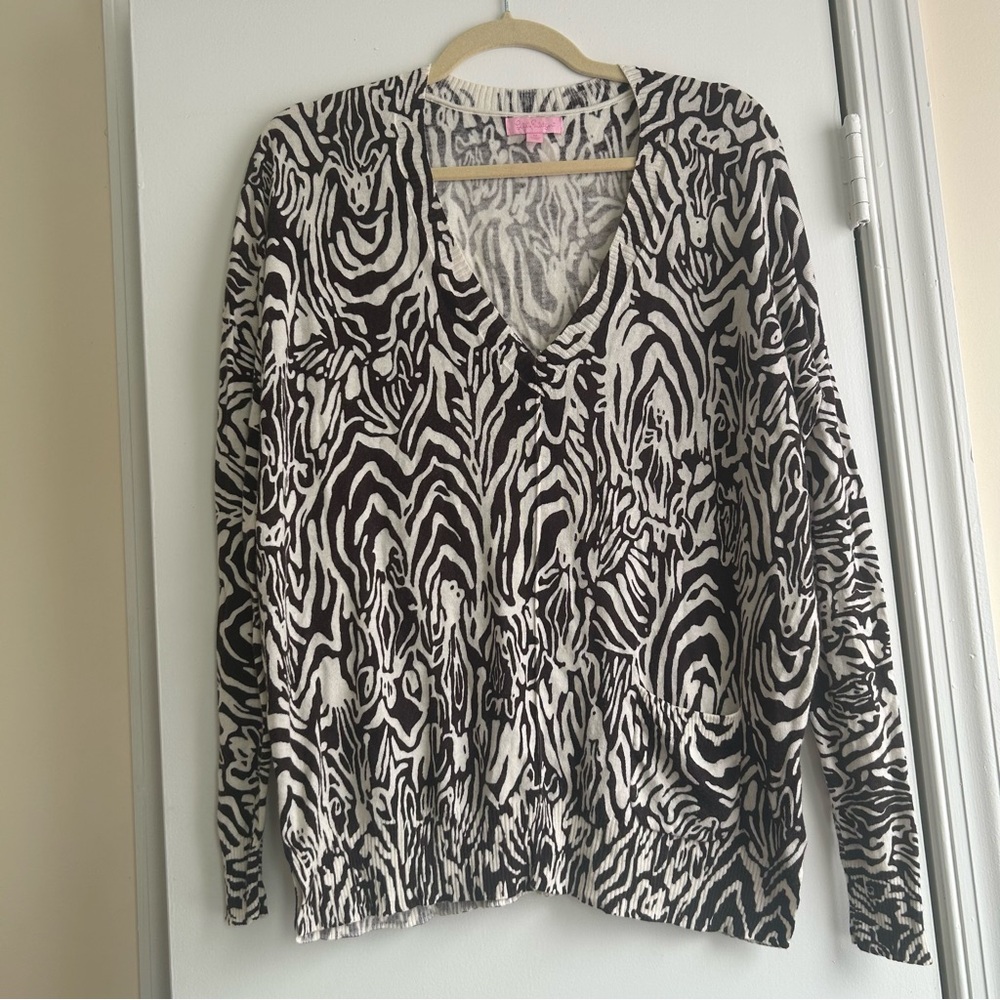 Lilly Pulitzer Brazilian Brown Eleni Sweater Zebra Print V-Neck Sweater Size M
